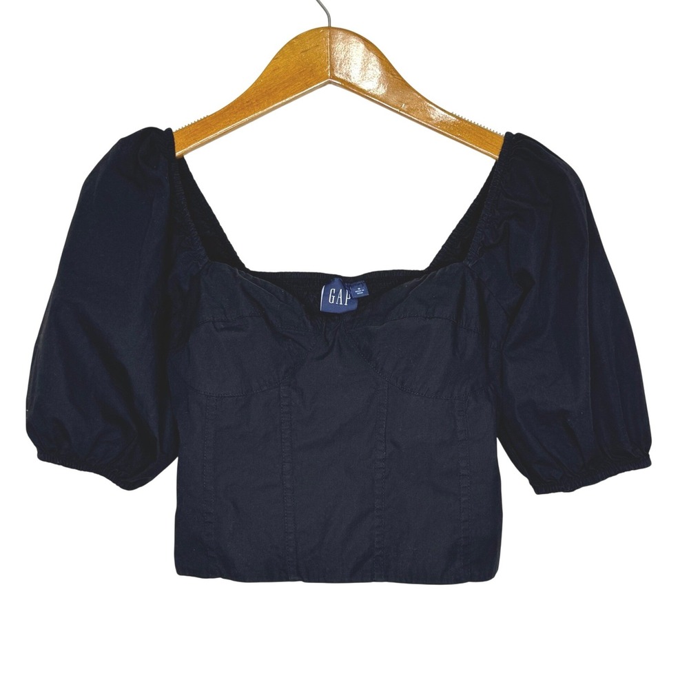 Gap Short Balloon Sleeve Sweetheart Smocked Crop‎ Top Small Black